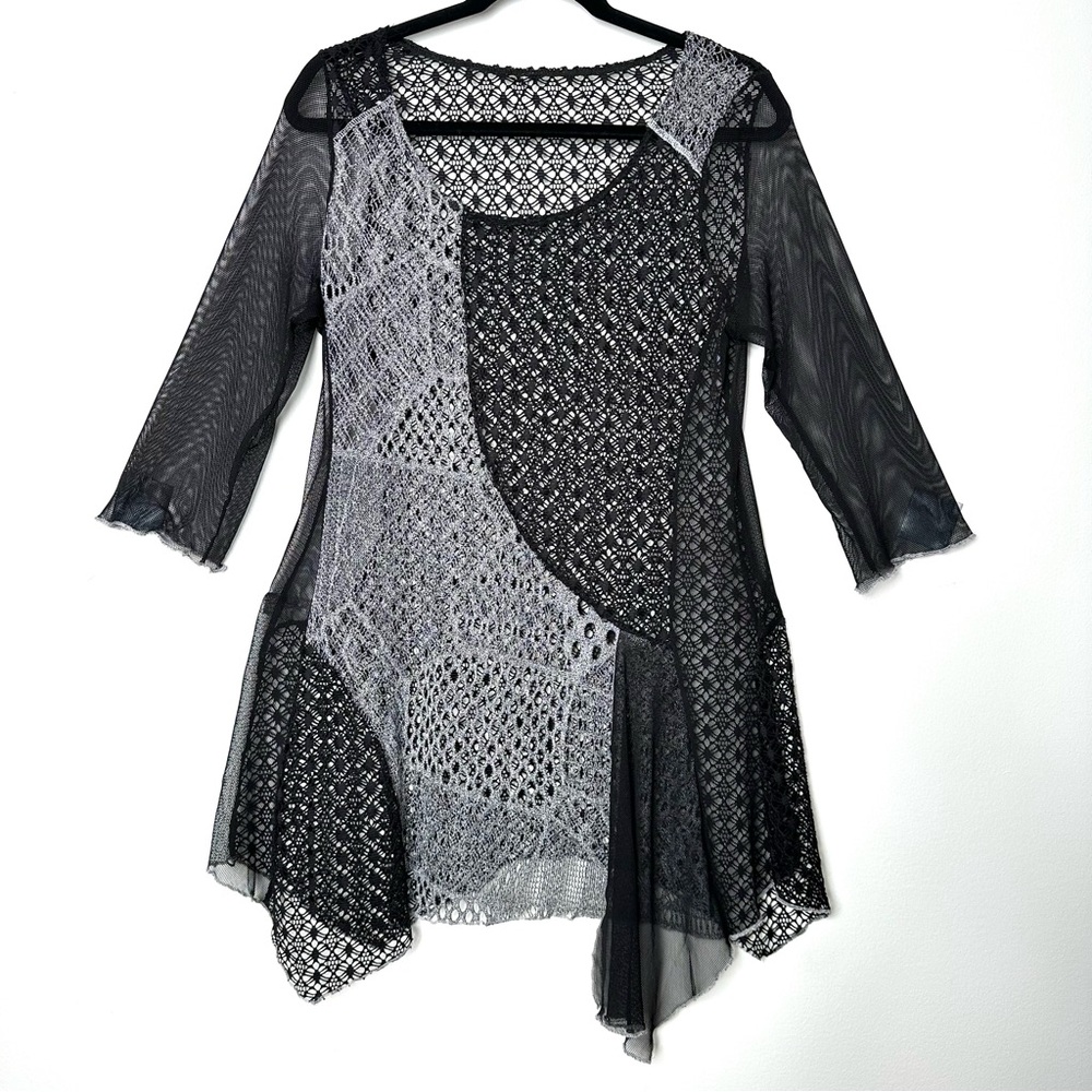 Boho Y2K Black Sheer Crochet Patchwork Whimsigoth Asymmetrical Mixed Media Tunic - Picture 1 of 9